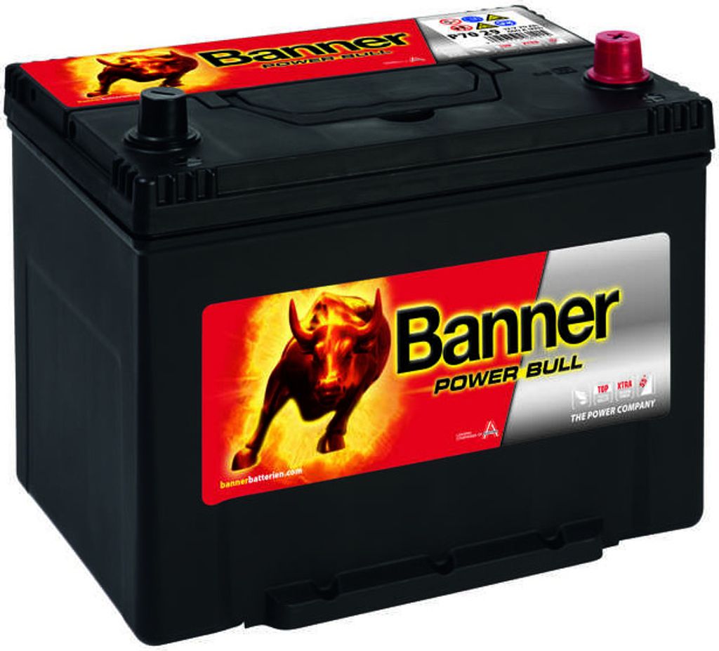 A car battery with branding.