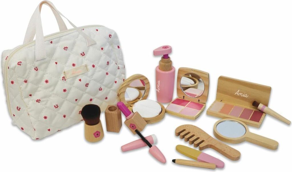 A collection of wooden toy makeup items and a quilted cosmetic bag.