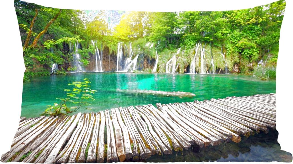 MuchoWow Zierkissen Sofakissen Wohnzimmer Dekokissen 50x30 cm Brücke - Wasserfall - Natur - Wohnzimmerdekoration - Polster mit Photo