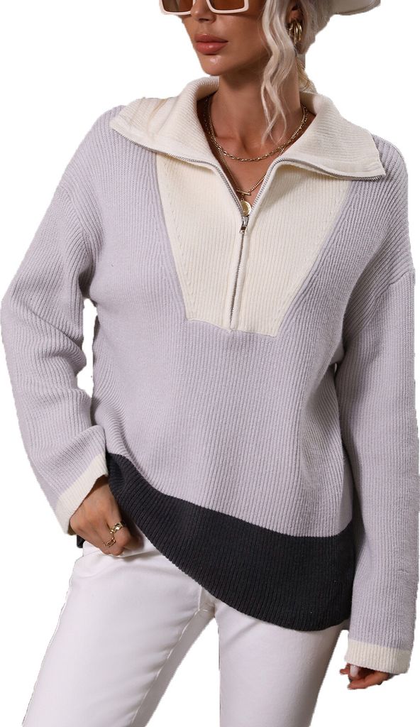 ASKSA Damen Strickpullover Colorblock Pullover Reißverschluss Revers Strickpulli Strickoberteile, Hellgrau, S