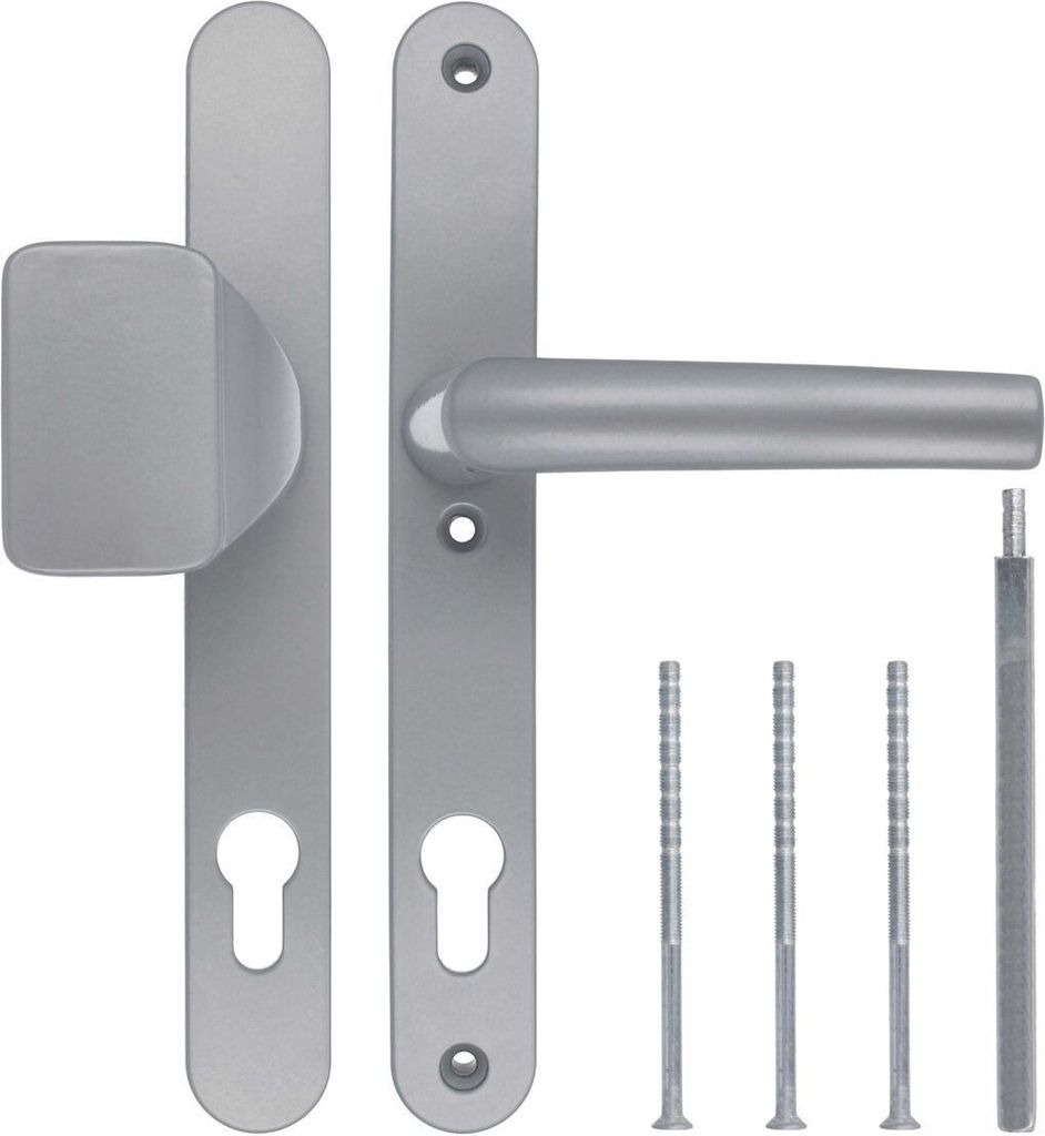 Tuergriff-Tuerdruecker-Tuerklinke-Drueckergarnitur-DHS-92mm-Schildbreite-28mm-Silber-F1-mit-Knauf