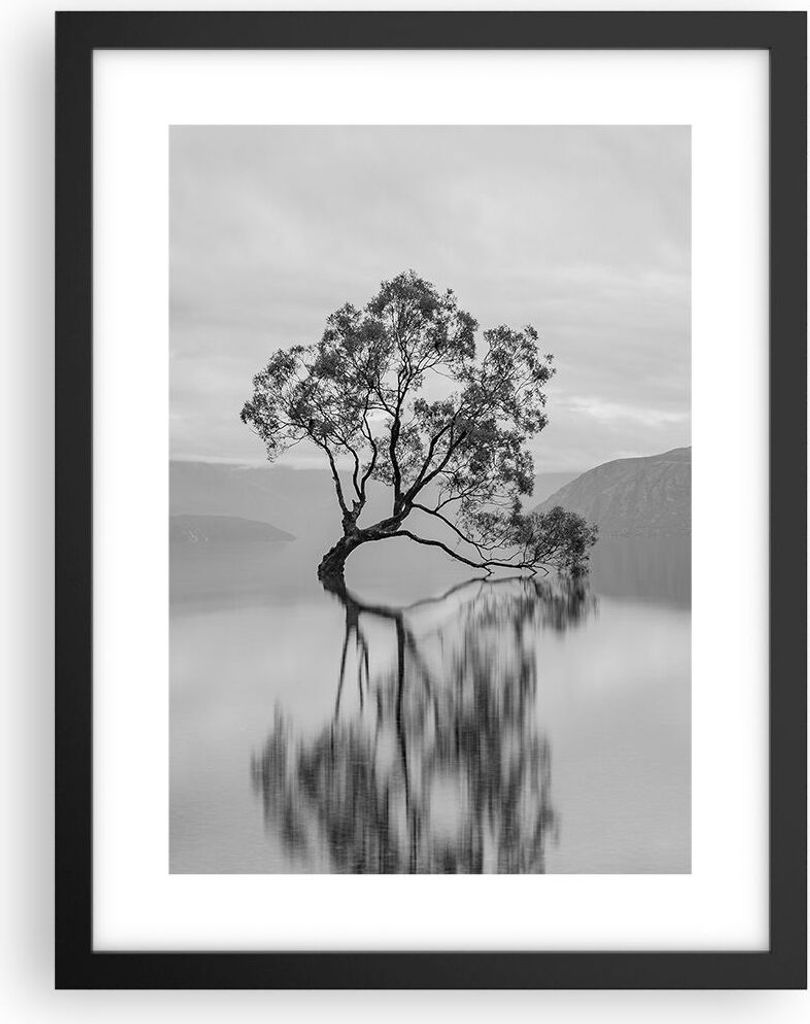 Gerahmtes Poster - Schwarzer Rahmen - Baum Symmetrie See - 30x40 cm - Wand Bild - Wanddeko - Wandbilder - Kunstposter - Wandposter - Bilderrahmen -...
