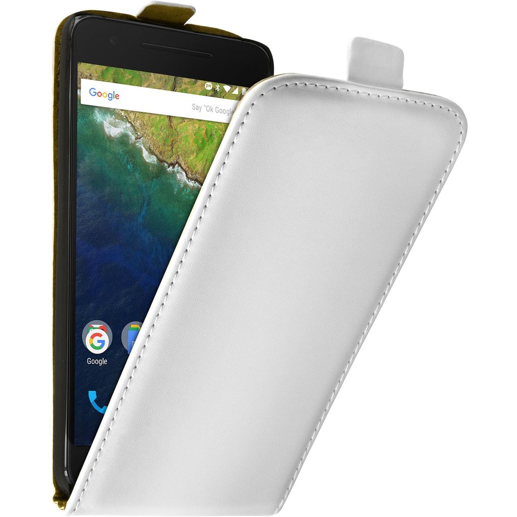 PhoneNatic Kunst-Lederhülle kompatibel mit Google Nexus 6P - Flip-Case weiß + 2 Schutzfolien