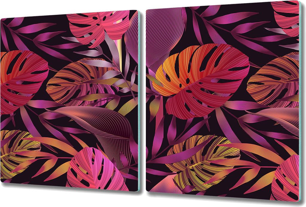 Glas-Herdabdeckplatte Glaskeramikkochfeld-Abdeckung Spritzschutz - 2x 40x52 cm - blätter lila orange
