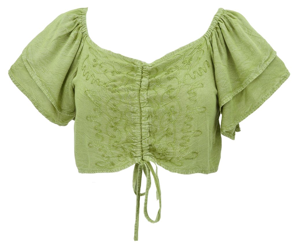 Bauchfreies Besticktes Blusentop Boho Chic, Kurzes Sommertop - Grün, Damen, Viskose, Tops & T-Shirts