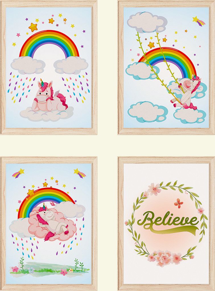 Einhorn Regenbogen Bilder 4er Set DIN A4 Kinderzimmer Wandbilder Babyzimmer Poster Dekoration