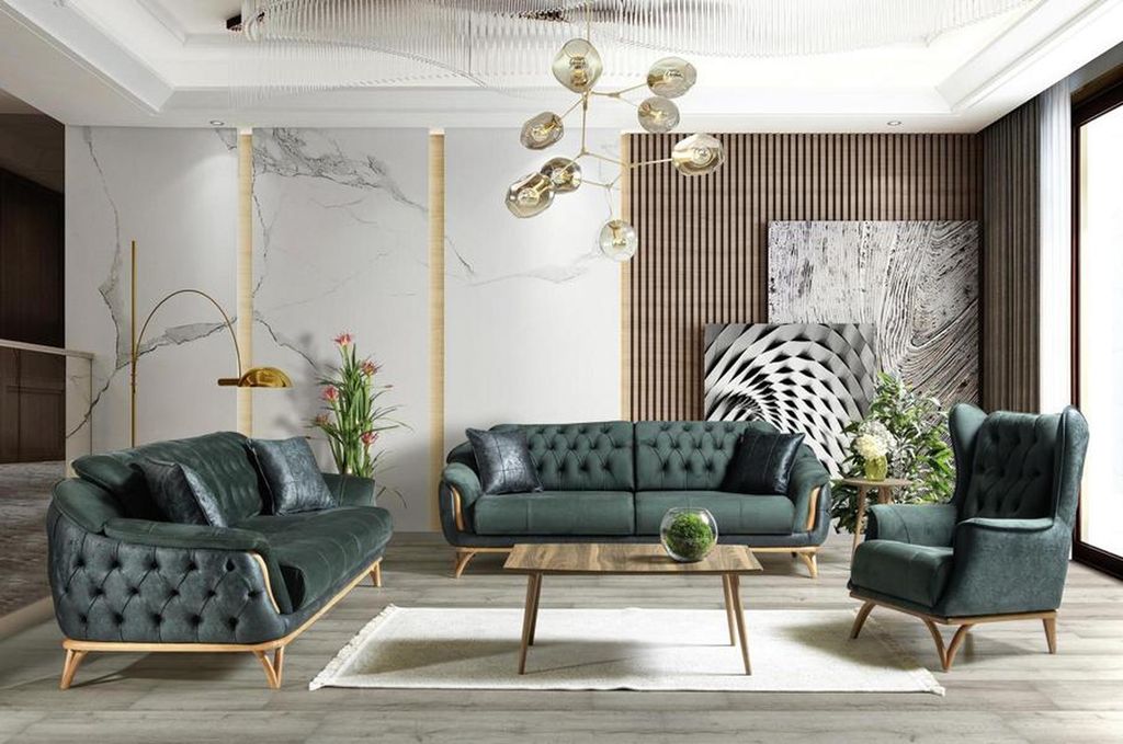 Hochwertig Couchgarnitur Dreisitzer Sessel Couch Polstersofa Stoffsofa Grün 3tlg