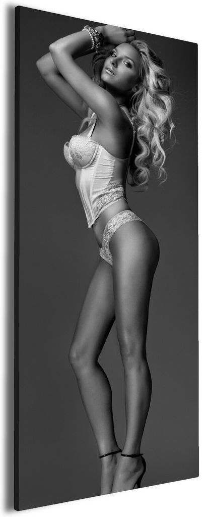 Wallario Premium Leinwandbild Sexy Beine - Blondine mit langen Beinen in Unterwäsche in Größe 60 x 150 cm