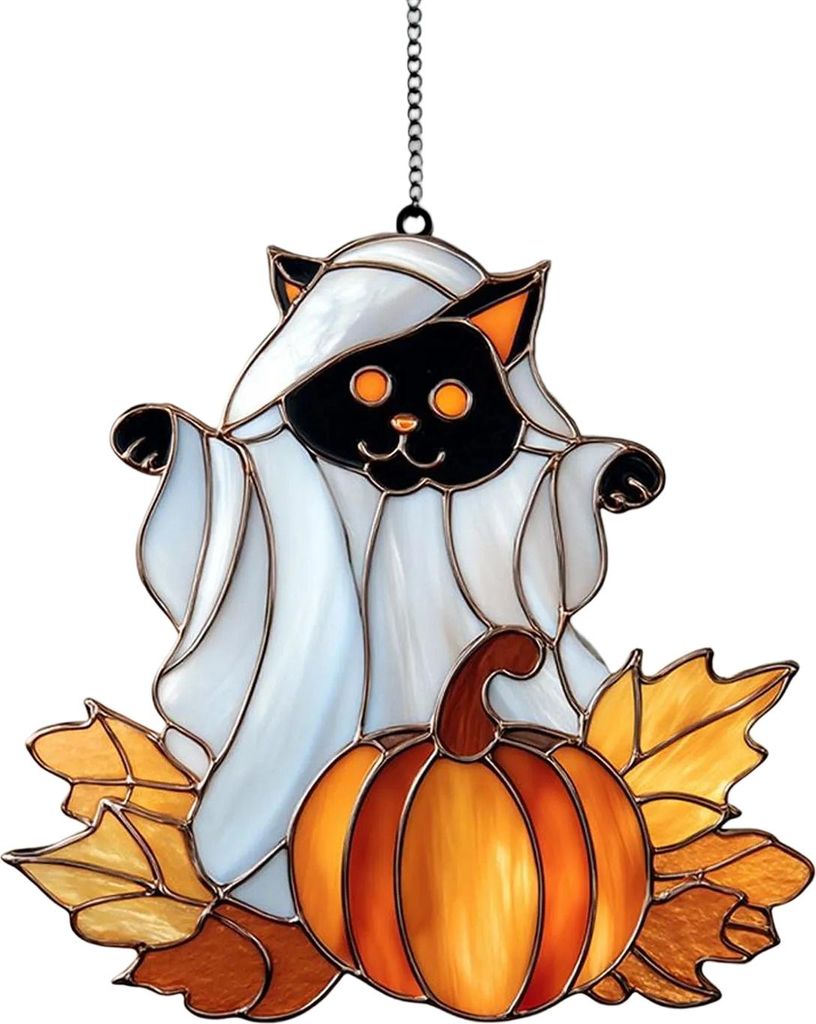 Halloween-Geister-Sonnenfänger, buntes Hunde-/Katzenmuster, Fenster-Hängeornament mit Kürbis, 2D-Acryl-Sonnenfänger für Halloween-Dekoration, ...