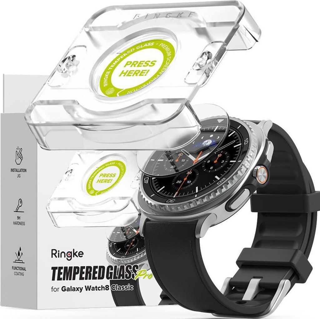 A smartwatch with a screen protector and its installation guide.