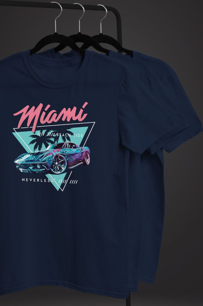 Herren T-Shirt Bedruckt Miami Beach Surfing Motiv USA Retro Automobil 80er Fashion Streetstyle Neverless navy 3XL
