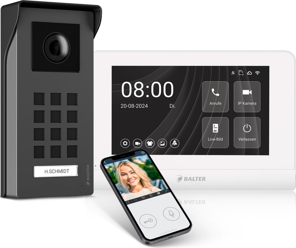 Entri M Video Türsprechanlage, Aufputz Türklingel mit Kamera, Smartphone App, 1 Familienhaus, Video Türklingel, 1x 7" HD-Monitor, Full HD Kamera