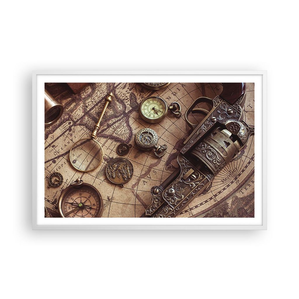 Gerahmtes Poster - Weißer Rahmen - Kartographie Vintage Kompass - 91,5x61 cm - Wand Bild - Wanddeko - Wandbilder - Kunstposter - Wandposter - Bild...