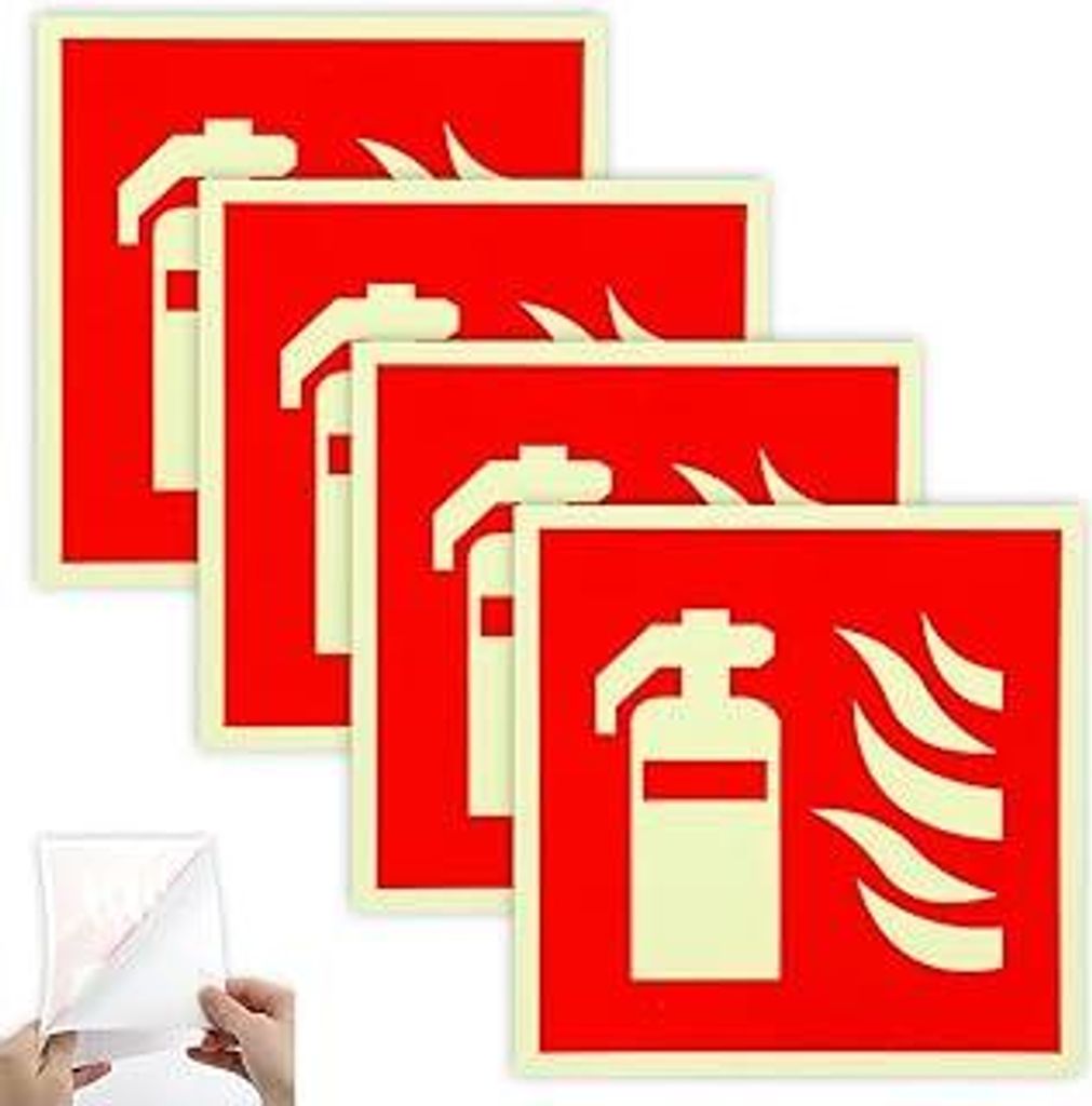 4 Stück Selbstklebend Feuerlöscher Schild, PVC Nachleuchtend Feuerlöscher Aufkleber, Hinweisschilder Feuerlöscher 15 x 15cm, Piktogramm Feuerl...