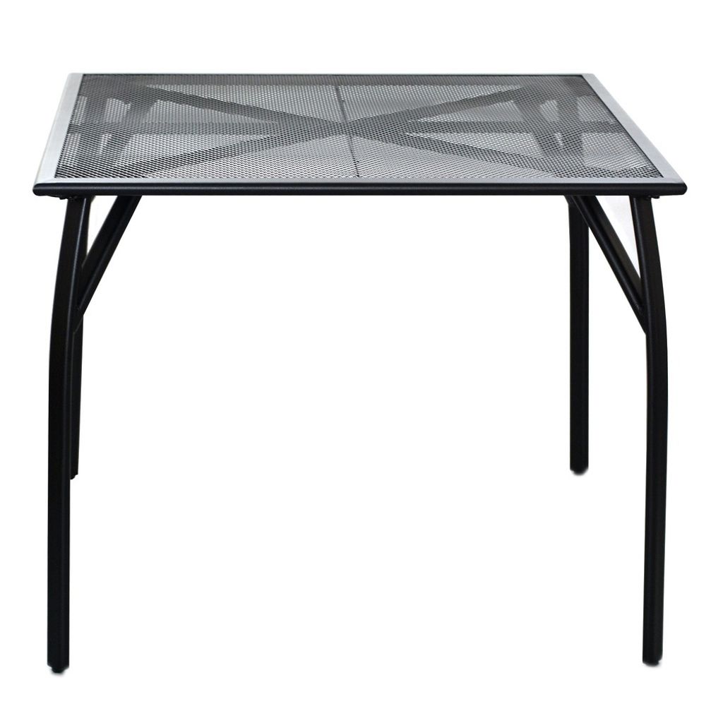 A square metal garden table with a mesh top and black legs, shown from a front-facing angle against a white background.