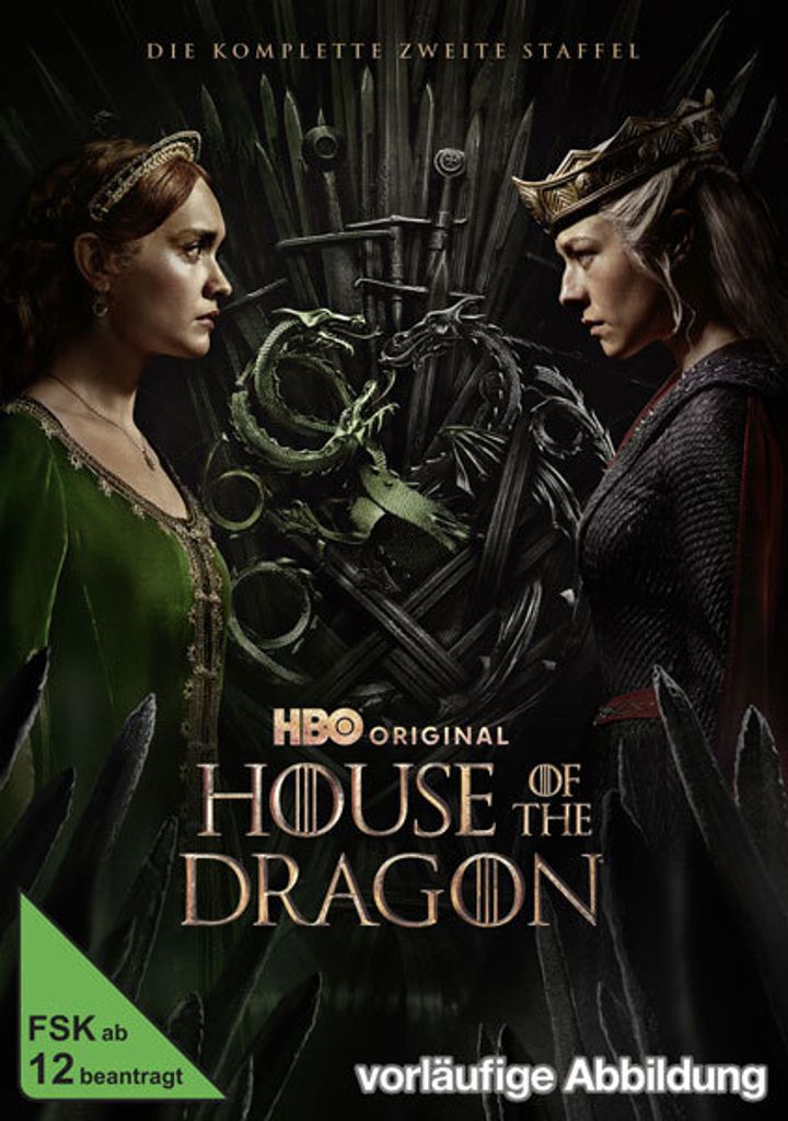 Two women face each other in front of an iron throne with dragons entwined.