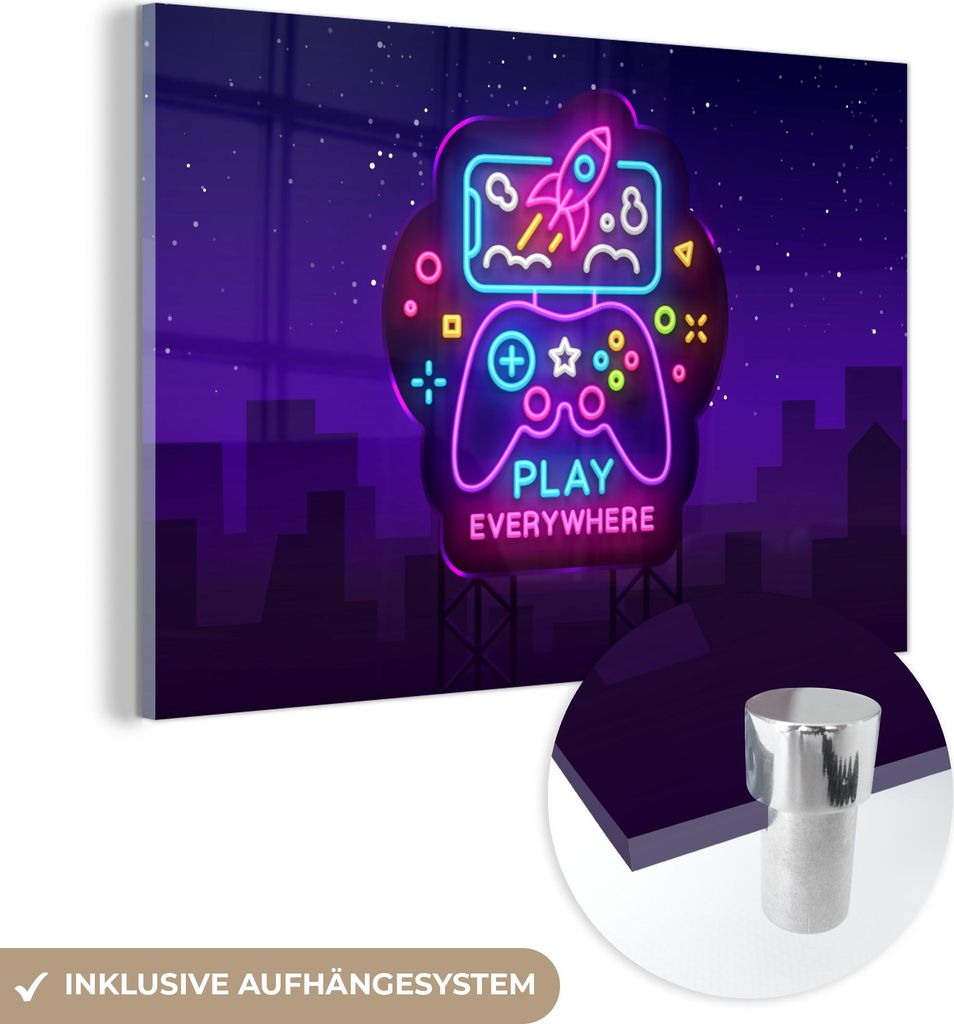 MuchoWow Glasbilder - Bilder auf Wandbild - Foto auf Glas Gaming - Neon - Spielen - Blau - Nacht - Controller 60x40 cm Wanddekoration aus Glas - Ac...