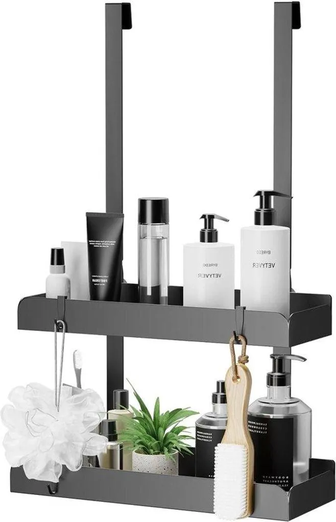 Organiseur de salle de bain suspendu noir mat en inox 2 niveaux
