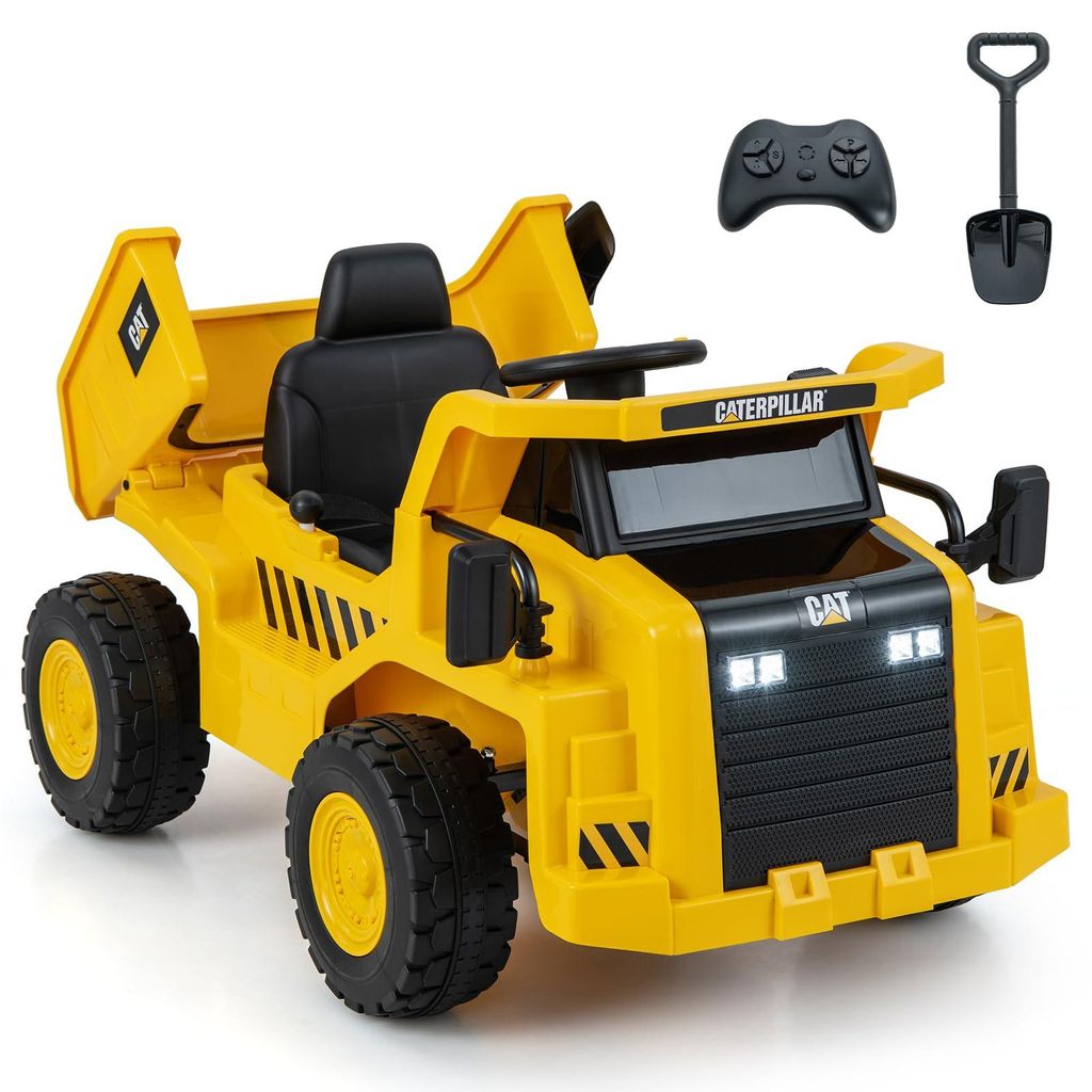 GOPLUS 12V Muldenkipper für Kinder, Caterpillar Elektroauto zum Draufsitzen, Elektro Kinderauto mit 2,4-G-Fernbedienung, Kippmulde, Gelb