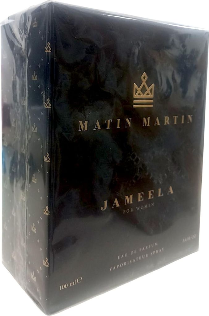 A black perfume box with gold lettering and a crown logo, wrapped in plastic.