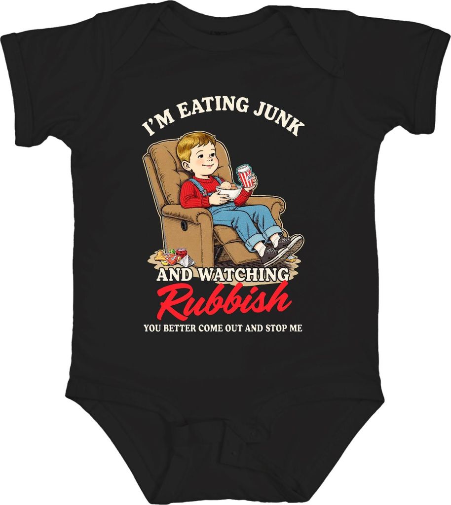 I'M EATING JUNK AND WATCHING Rubbish lustig kind filmabend snack Unisex Baby Body, Schwarz, 12/18