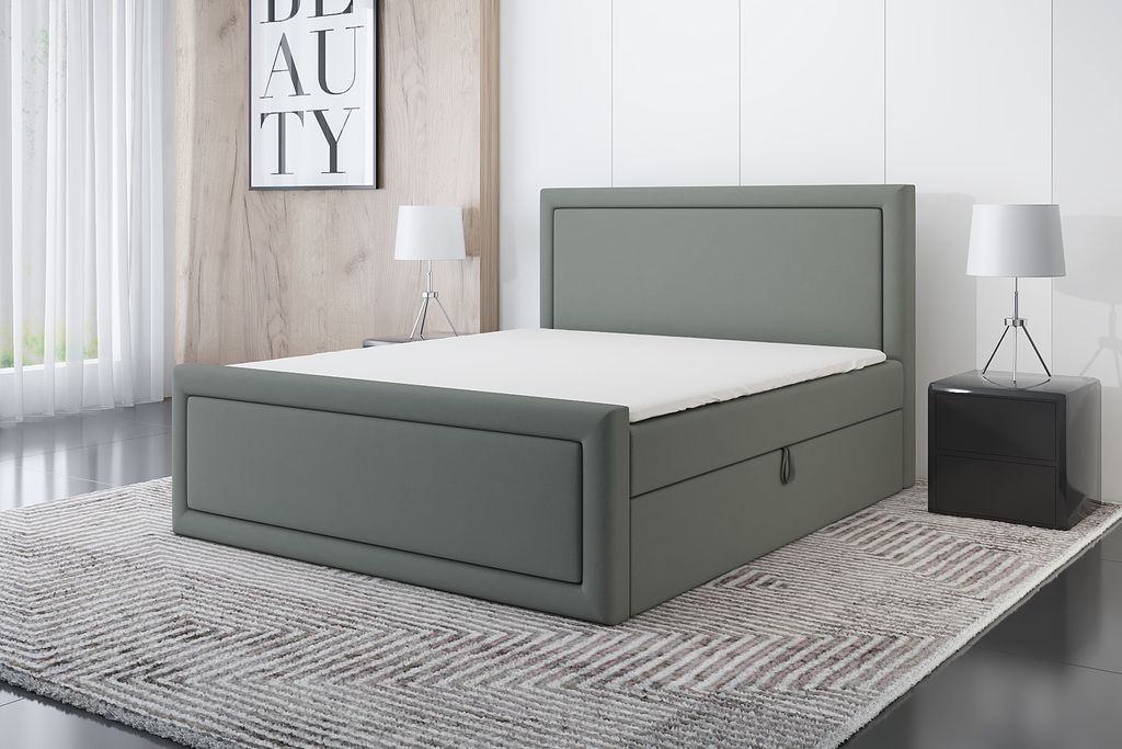 Boxspringbett ROD 200x200 mit 2 Bettkästen, Bonell-Matratze und Topper. Farbe: Grau.
