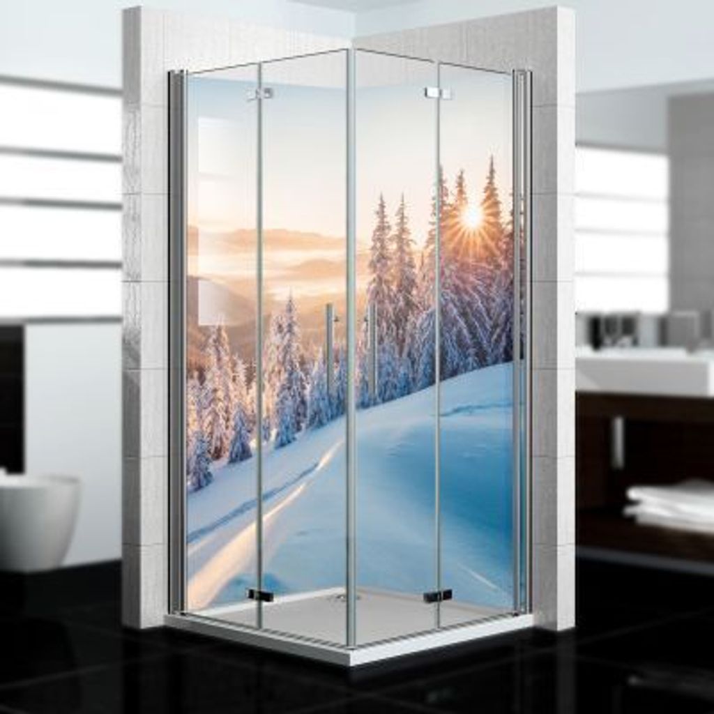 dedeco Eck-Duschrückwände Aluminium wasserfest Motiv: Winter V2, Nano-Protect hochglänzend, 2 x 100x200x0,3cm, Fliesenersatz fugenlos Wandverkle...