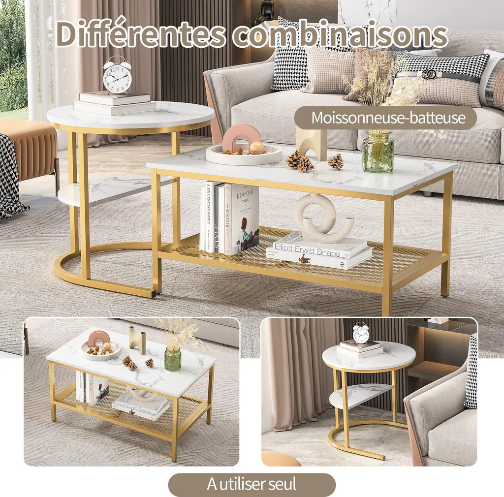 Tavolino Marmo Bianco e Oro - Design Moderno Elegante per Salotto - 7