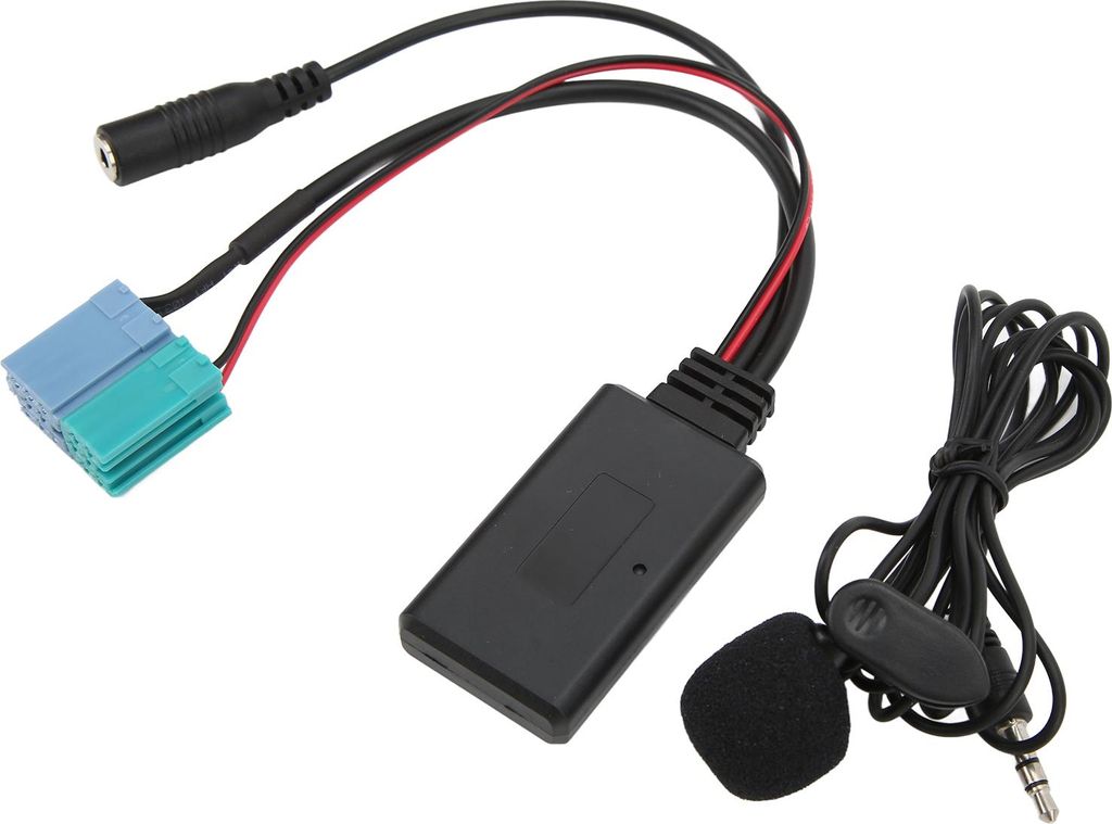 A car audio adapter with a microphone and connectors.