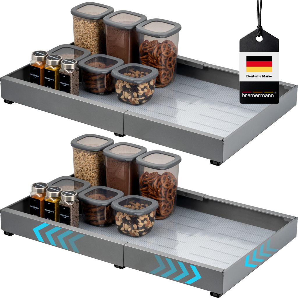 bremermann Teleskopschubladen 2er Set - ausziehbar, Breite von 43-67 cm, zum Kleben oder Bohren, aus grauem Metall