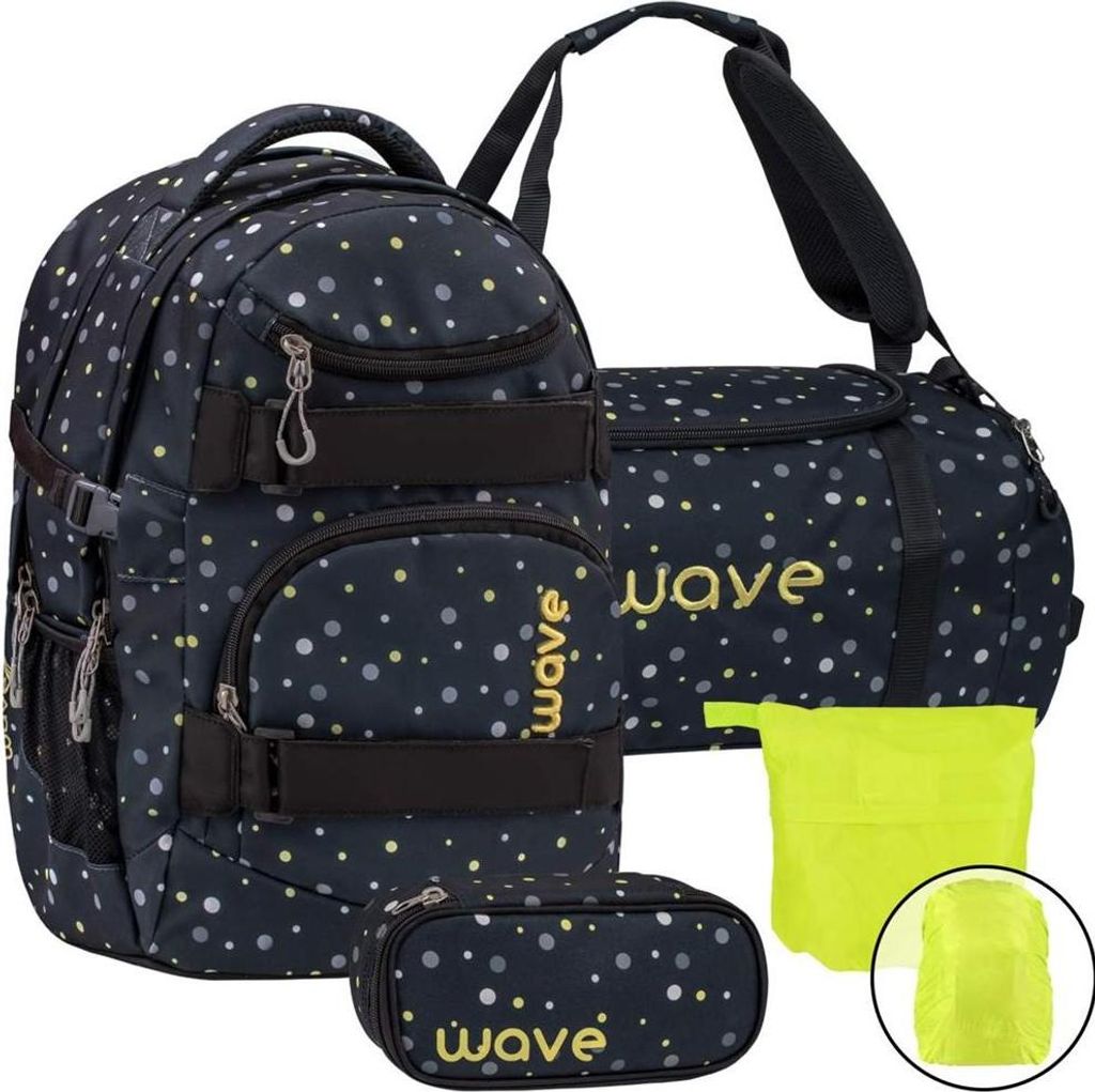 Wave Schulrucksack Set Mädchen Jungen 4tlg schwarz mit Punkten mit Sporttasche Schlamper Regenschutz ab 5. Klasse