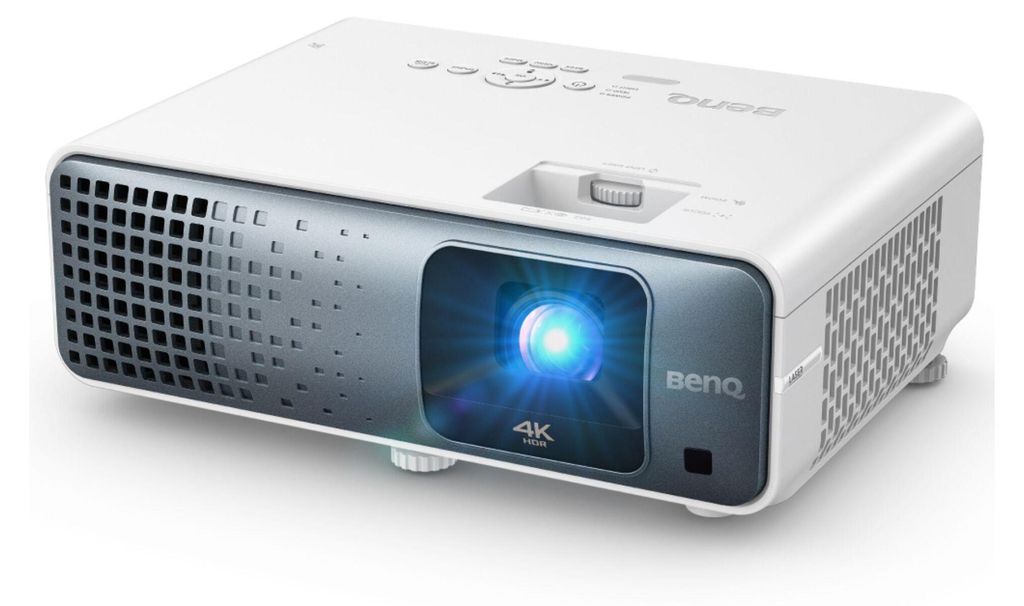A white Benq TK710 4K projector is shown from a diagonal front-left angle on a white background.