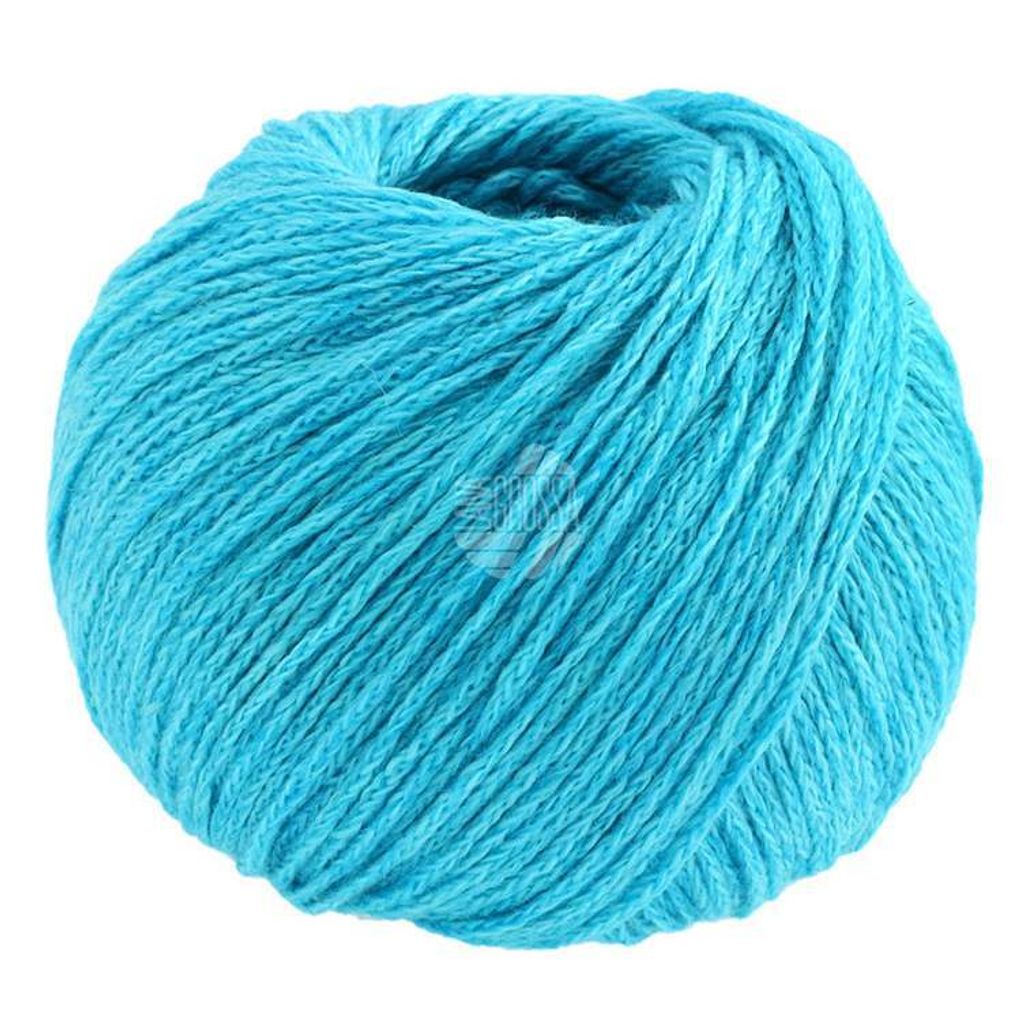 A ball of turquoise yarn on a white background.