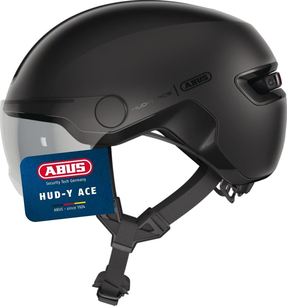 ABUS Stadthelm HUD-Y ACE - stylischer Fahrradhelm mit Visier und magnetischem, aufladbarem LED-Rücklicht für Damen Herren