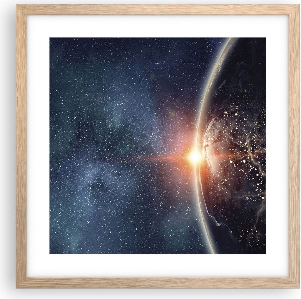Gerahmtes Poster - Rahmen in heller Eiche - Kosmos Erde Sonne - 40x40 cm - Wand Bild - Wanddeko - Wandbilder - Wandposter - Bilderrahmen - Bilder -...