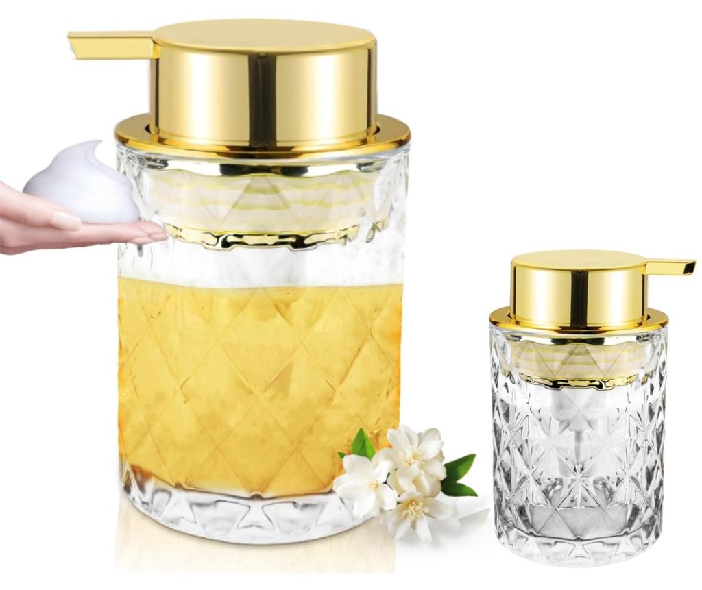 Nachfüllbarer Seifenspender aus Glas mit goldenen Akzenten, großer Pumpe und breiter Öffnung für Bad, Küche und Arbeitsplatte, modernes Wohnac...