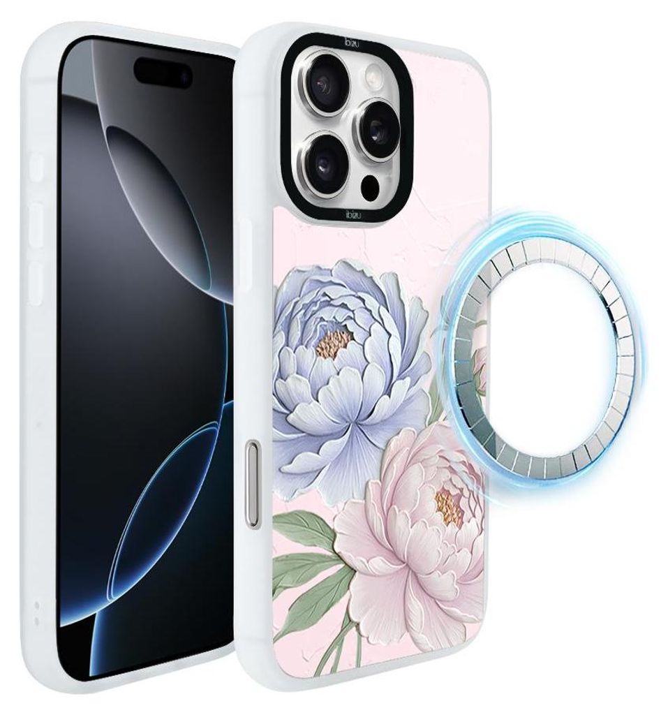 Schutzhülle für das iPhone 16 Pro, MagSafe-kompatibel, mattweiße Seiten, Blumen, Pfingstrosen