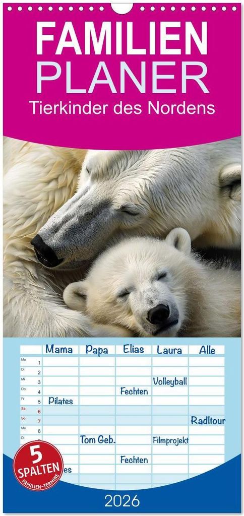 Familienplaner 2026 - Tierkinder des Nordens mit 5 Spalten (Wandkalender, 21 x 45 cm) CALVENDO