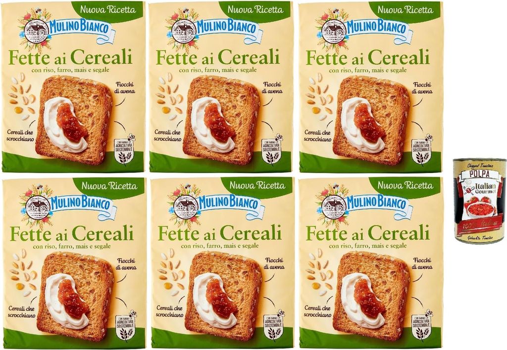 Mulino Bianco Fette biscottate ai cereali 6x 315g Getreide Zwieback, Frühstückskekse, Zwieback kekse gebackenem Brot + Italian Gourmet polpa 400g