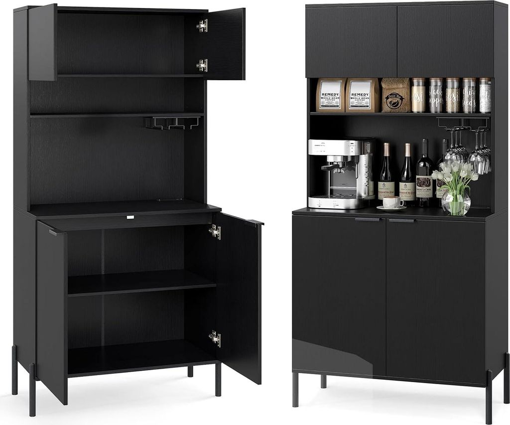 Two views of a black kitchen cabinet/buffet with open and closed doors, displaying various items like coffee maker, bottles, and glassware.