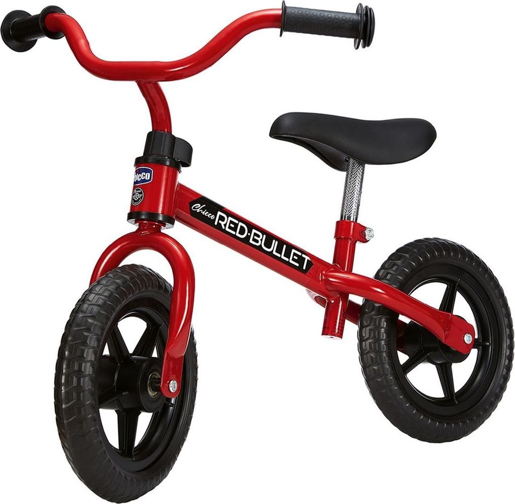 A red balance bike with black wheels and seat, shown against a white background.