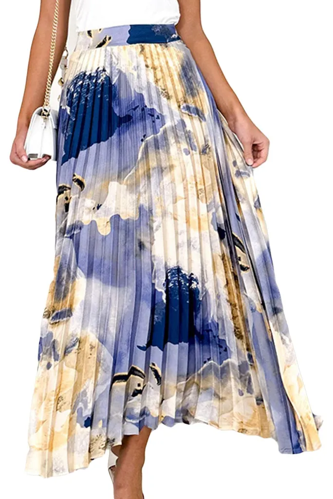 Jupe longue fleurie fluide et élégante avec ceinture élastique, Bleu