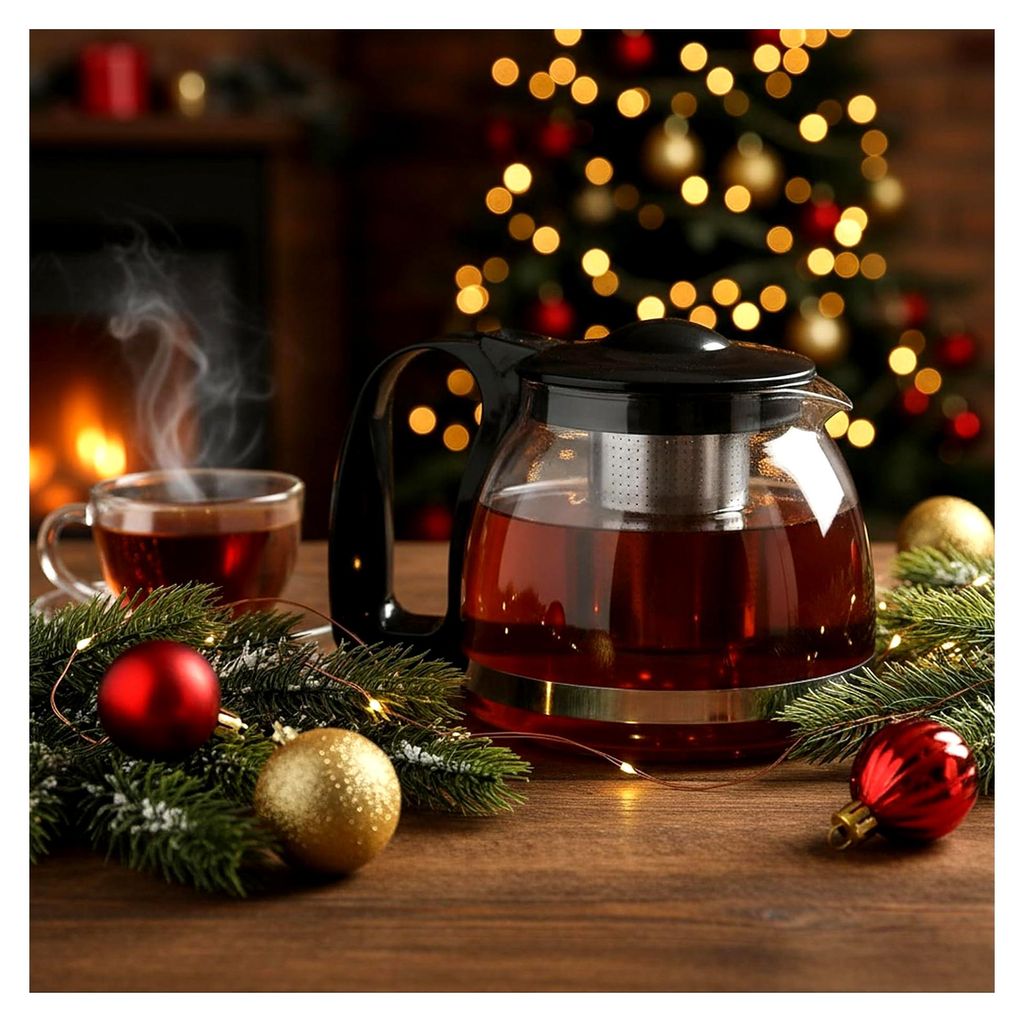 Teekanne aus Glas – Mit Edelstahl-Teesieb, Sodaglas, schwarzem Griff, spülmaschinenfest, für losen Tee, tropffreier Ausguss (1500ml)