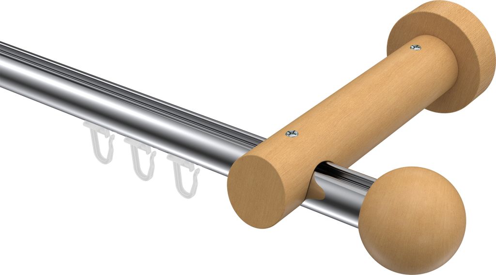 Interdeco Innenlaufstange / Gardinenstange mit Innenlauf Chrom / Buche lackiert, Typ Talent Luina (Kugel), 20 mm Ø 1-läufig, 140 cm
