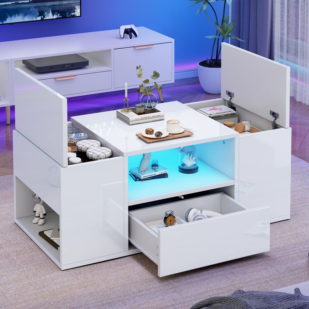 Merax Hochglanze Couchtisch mit LED, Wohnzimmertisch mit 1 Schublade und 2 Schränke, Beistelltisch mit 6 Staufächer, moderner Sofatisch, Weiß