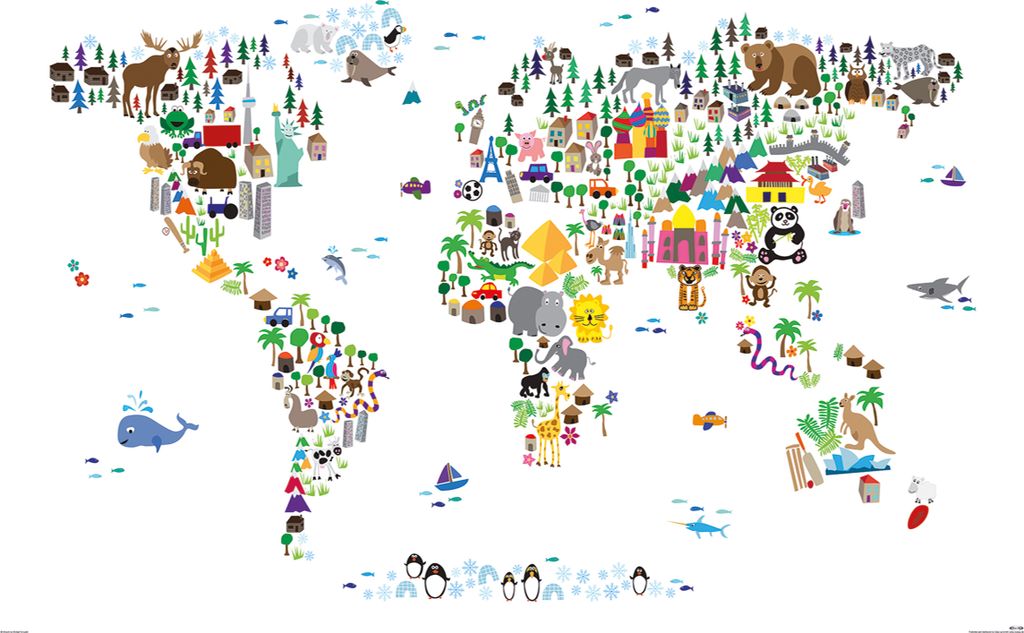Animal Map Of The World Poster Michael Tompsett Weltkarte 91,5 x 61 cm