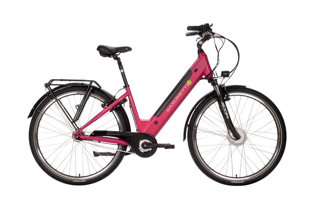 A pink electric bicycle is shown against a white background.