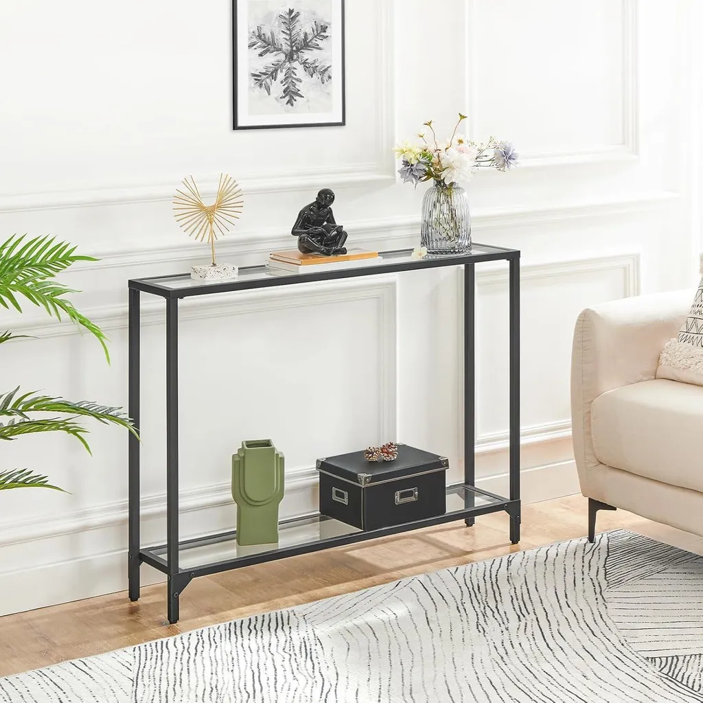 Hoobro Table Console 100 cm Noir Verre Trempé et Métal - Style Moderne - 7