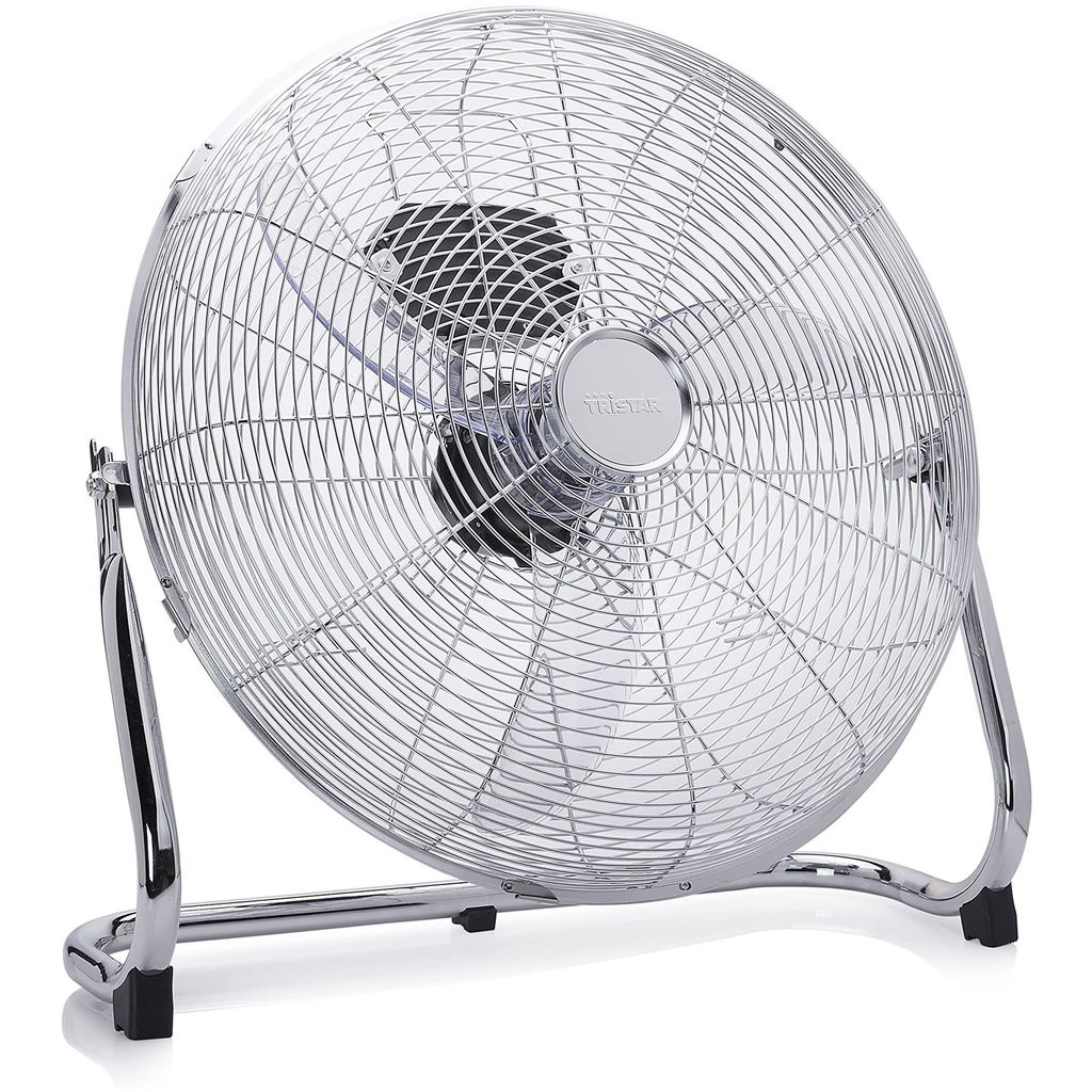A silver floor fan is shown against a white background.