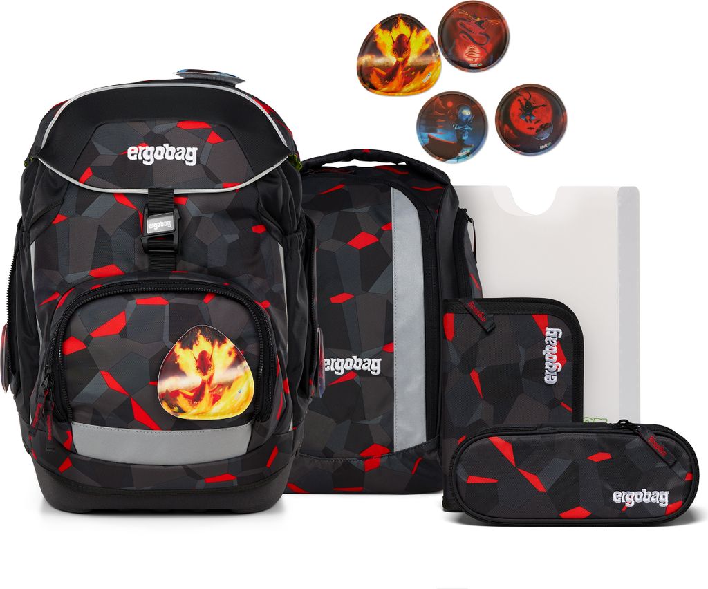 A collection of school supplies including a backpack, pencil case, and other accessories, all with a geometric black, red, and gray pattern.